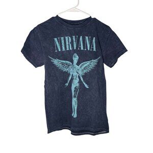 Nirvana Band Tee Retro Oversized Distressed Dark Blue Unisex Size S NWOT